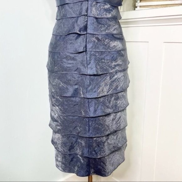 Adrianna Papell Blue Satin Shutter Pleat Tiered Layered Sheath Dress 4 - Picture 8 of 10